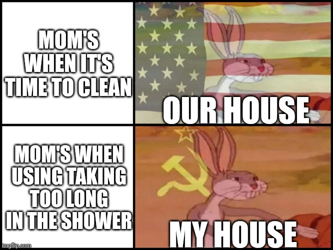 Very strange | MOM'S WHEN IT'S TIME TO CLEAN; OUR HOUSE; MOM'S WHEN USING TAKING TOO LONG IN THE SHOWER; MY HOUSE | image tagged in capitalist and communist,relatable | made w/ Imgflip meme maker