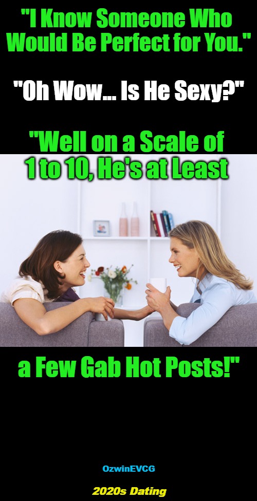 2020s Dating | "I Know Someone Who 

Would Be Perfect for You."; "Oh Wow... Is He Sexy?"; "Well on a Scale of 

1 to 10, He's at Least; a Few Gab Hot Posts!"; OzwinEVCG; 2020s Dating | image tagged in women talking,political humor,dating,2020s,men and women,social media | made w/ Imgflip meme maker