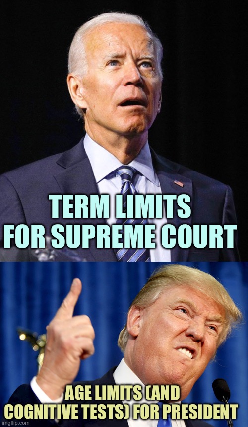 Dementia Joe | TERM LIMITS FOR SUPREME COURT; AGE LIMITS (AND COGNITIVE TESTS) FOR PRESIDENT | image tagged in joe biden,donald trump,memes | made w/ Imgflip meme maker