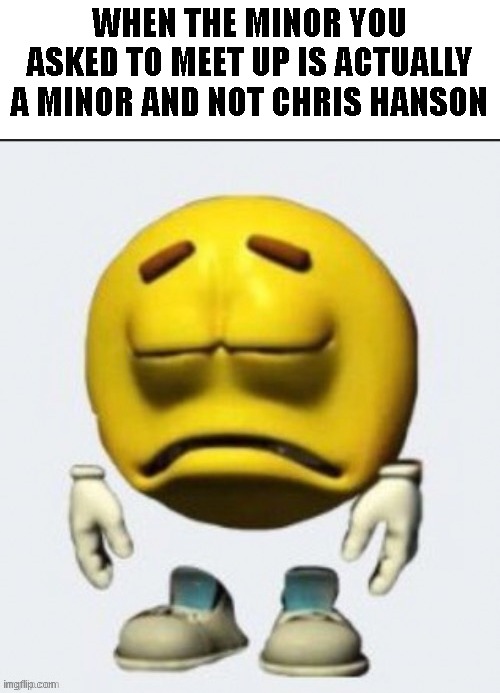 For all extensive purposes this is a /j | WHEN THE MINOR YOU ASKED TO MEET UP IS ACTUALLY A MINOR AND NOT CHRIS HANSON | image tagged in sad emoji | made w/ Imgflip meme maker