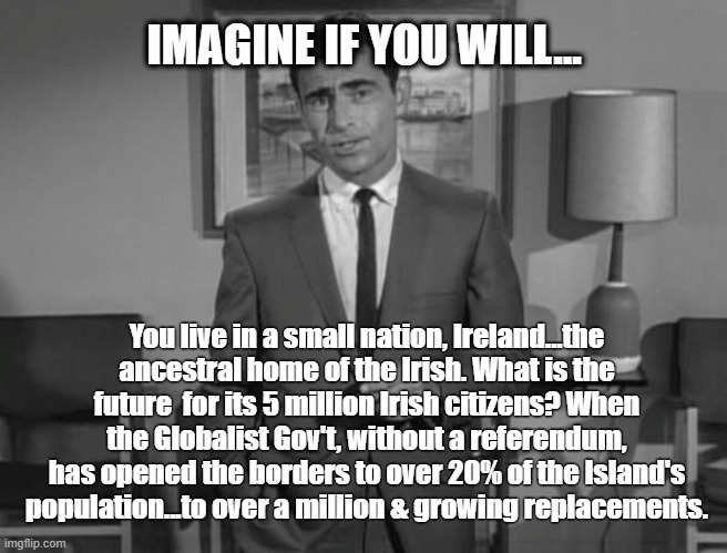 IMAGINE IF YOU WILL... You live in a small nation, Ireland...the ancestral home of the Irish. What is the future  for its 5 million Irish citizens? When the Globalist Gov't, without a referendum, has opened the borders to over 20% of the Island's population...to over a million & growing replacements. | made w/ Imgflip meme maker