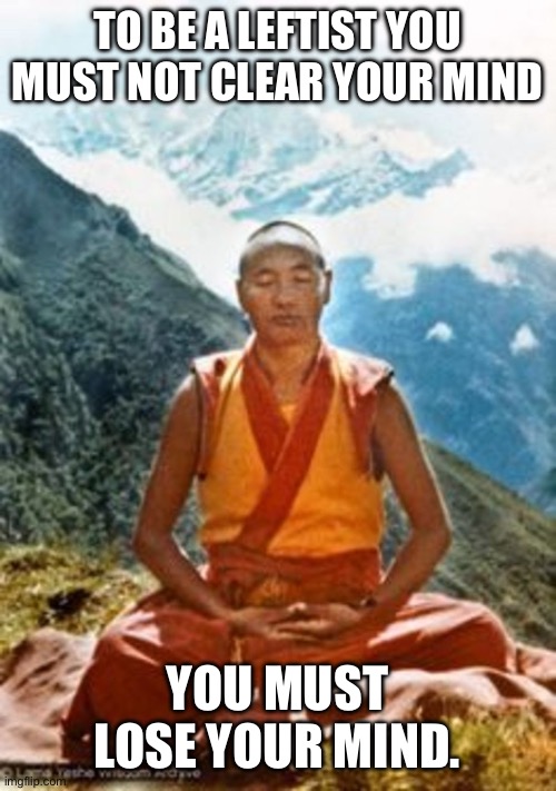 Buddhist monk | TO BE A LEFTIST YOU MUST NOT CLEAR YOUR MIND YOU MUST LOSE YOUR MIND. | image tagged in buddhist monk | made w/ Imgflip meme maker