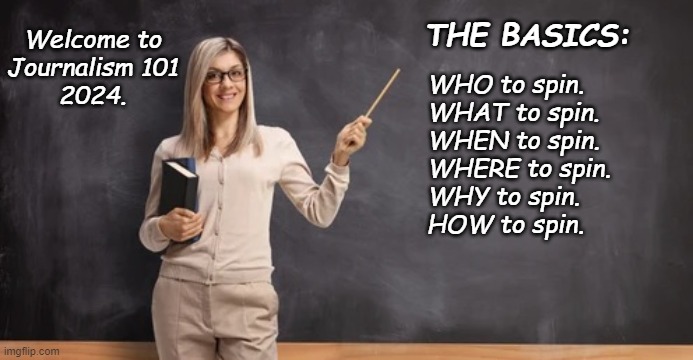 Criteria for Journalism | THE BASICS:; Welcome to
Journalism 101
2024. WHO to spin.
WHAT to spin.
WHEN to spin.
WHERE to spin.
WHY to spin.
HOW to spin. | image tagged in teacher at chalkboard | made w/ Imgflip meme maker