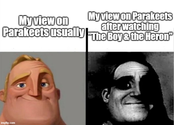 Parakeets | My view on Parakeets after watching "The Boy & the Heron"; My view on Parakeets usually | image tagged in teacher's copy | made w/ Imgflip meme maker