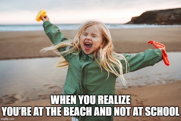 beach | WHEN YOU REALIZE YOU’RE AT THE BEACH AND NOT AT SCHOOL | image tagged in memes | made w/ Imgflip meme maker