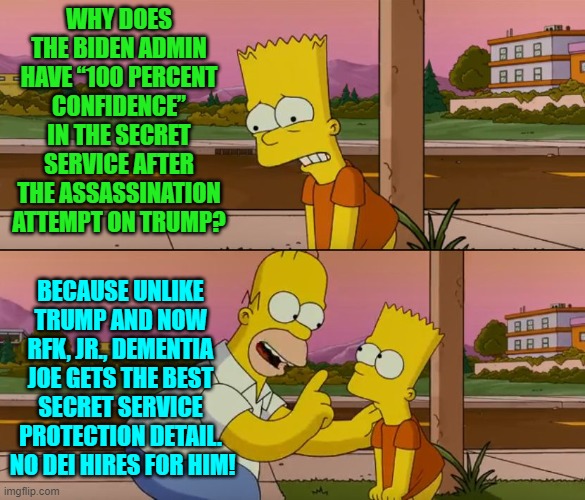 It makes perfect sense. | WHY DOES THE BIDEN ADMIN HAVE “100 PERCENT CONFIDENCE” IN THE SECRET SERVICE AFTER THE ASSASSINATION ATTEMPT ON TRUMP? BECAUSE UNLIKE TRUMP AND NOW RFK, JR., DEMENTIA JOE GETS THE BEST SECRET SERVICE PROTECTION DETAIL.  NO DEI HIRES FOR HIM! | image tagged in simpsons so far | made w/ Imgflip meme maker