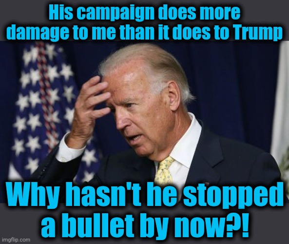 Joe Biden worries | His campaign does more damage to me than it does to Trump Why hasn't he stopped
a bullet by now?! | image tagged in joe biden worries | made w/ Imgflip meme maker