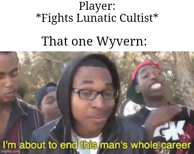 Every time. | Player:
*Fights Lunatic Cultist*; That one Wyvern: | image tagged in i m about to end this man s whole career,funny,memes,terraria,video games,relatable | made w/ Imgflip meme maker