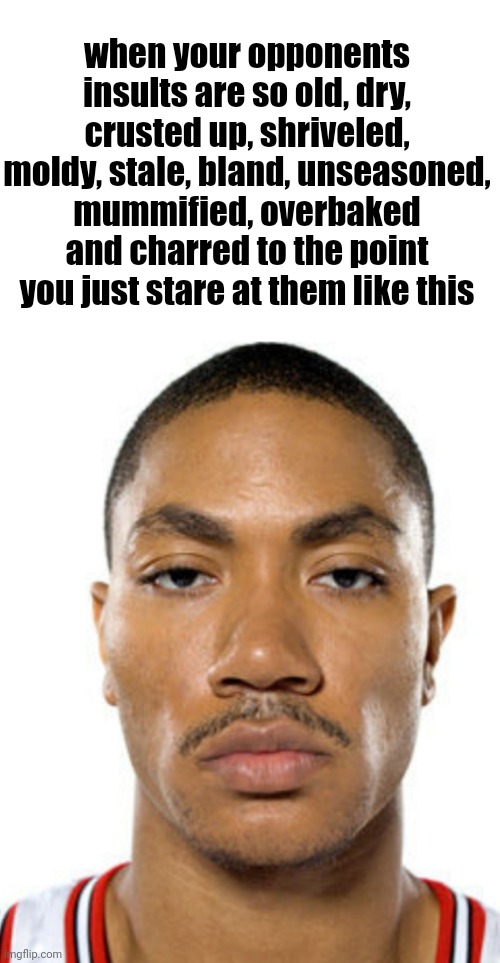 Derrick Rose Straight Face | when your opponents insults are so old, dry, crusted up, shriveled, moldy, stale, bland, unseasoned, mummified, overbaked and charred to the point you just stare at them like this | image tagged in derrick rose straight face | made w/ Imgflip meme maker