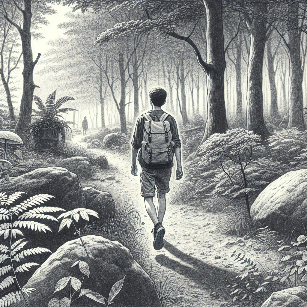 teenager walking peacefully in the woods from behind Blank Meme Template