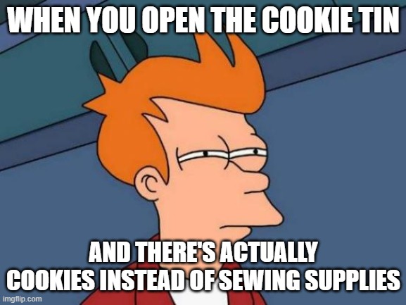 Every single grandma had one of those | WHEN YOU OPEN THE COOKIE TIN; AND THERE'S ACTUALLY COOKIES INSTEAD OF SEWING SUPPLIES | image tagged in memes,futurama fry,cookies,relatable memes | made w/ Imgflip meme maker