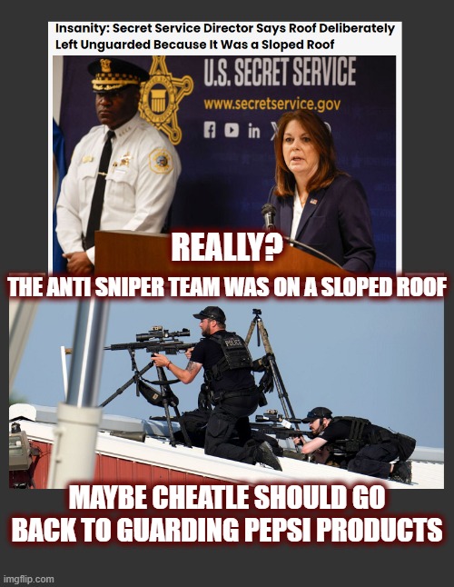 Cheatle Has To Go | REALLY? THE ANTI SNIPER TEAM WAS ON A SLOPED ROOF; MAYBE CHEATLE SHOULD GO BACK TO GUARDING PEPSI PRODUCTS | image tagged in kimberly cheatle,secret service,j13,politics,maga,joe biden | made w/ Imgflip meme maker