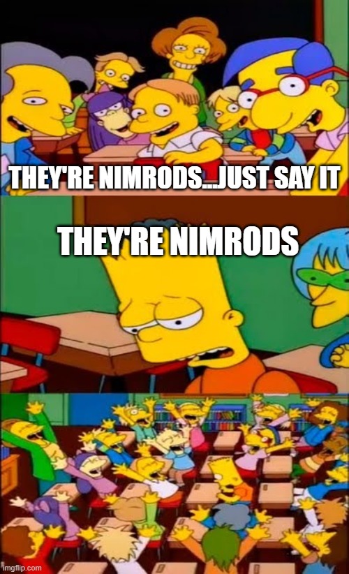 say the line bart! simpsons | THEY'RE NIMRODS...JUST SAY IT; THEY'RE NIMRODS | image tagged in say the line bart simpsons | made w/ Imgflip meme maker