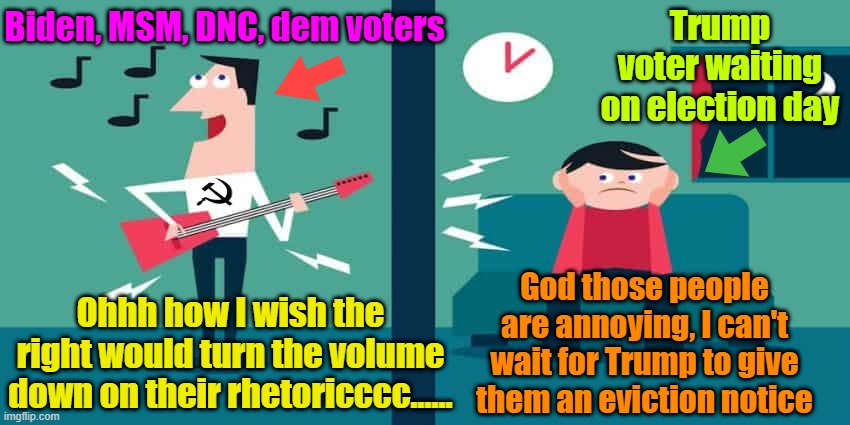 Who's really got the volume turned up? | Trump voter waiting on election day; Biden, MSM, DNC, dem voters; Ohhh how I wish the right would turn the volume down on their rhetoricccc...... God those people are annoying, I can't wait for Trump to give them an eviction notice | image tagged in trump,biden,maga,propaganda,liberal hypocrisy | made w/ Imgflip meme maker