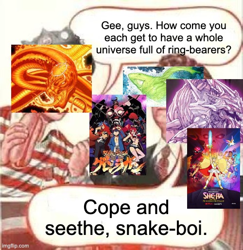 Two Wieners | Gee, guys. How come you each get to have a whole universe full of ring-bearers? Cope and seethe, snake-boi. | image tagged in two wieners,green lantern,she-ra,anime | made w/ Imgflip meme maker