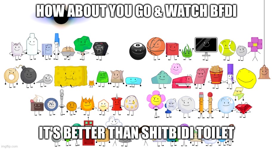 BFB Contestants | HOW ABOUT YOU GO & WATCH BFDI; IT'S BETTER THAN SHITBIDI TOILET | image tagged in bfb contestants | made w/ Imgflip meme maker