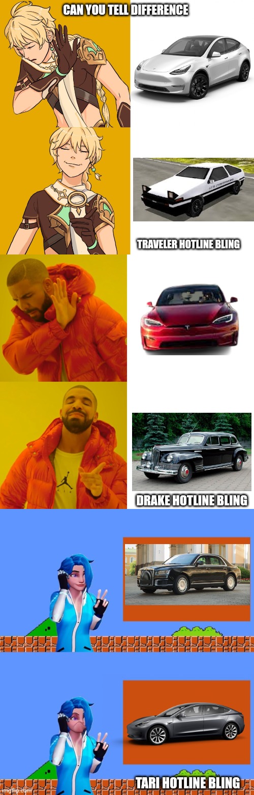 Can you tell difference | CAN YOU TELL DIFFERENCE; TRAVELER HOTLINE BLING; DRAKE HOTLINE BLING; TARI HOTLINE BLING | image tagged in genshin impact but drake,memes,drake hotline bling,tari hotline bling meta runner | made w/ Imgflip meme maker