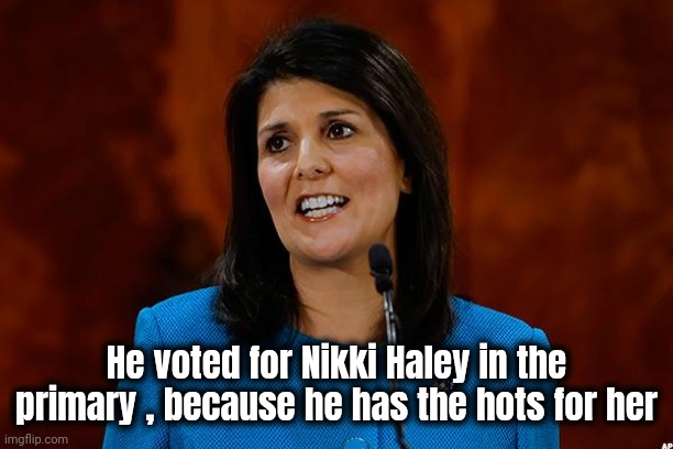 Nikki Haley | He voted for Nikki Haley in the primary , because he has the hots for her | image tagged in nikki haley | made w/ Imgflip meme maker