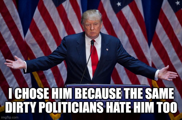 Donald Trump | I CHOSE HIM BECAUSE THE SAME DIRTY POLITICIANS HATE HIM TOO | image tagged in donald trump | made w/ Imgflip meme maker