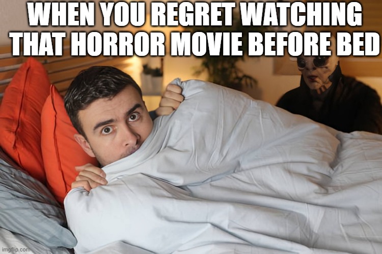 horror movie | WHEN YOU REGRET WATCHING THAT HORROR MOVIE BEFORE BED | image tagged in horror movie,memes,funny,nightmares | made w/ Imgflip meme maker