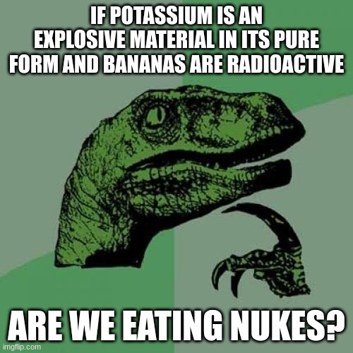 Philosoraptor | IF POTASSIUM IS AN EXPLOSIVE MATERIAL IN ITS PURE FORM AND BANANAS ARE RADIOACTIVE; ARE WE EATING NUKES? | image tagged in memes,philosoraptor | made w/ Imgflip meme maker