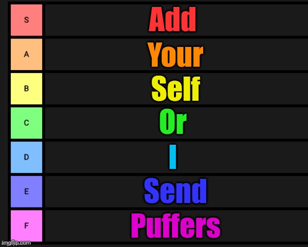 Puffers will nibble your anklez | Add; Your; Self; Or; I; Send; Puffers | image tagged in tier list | made w/ Imgflip meme maker