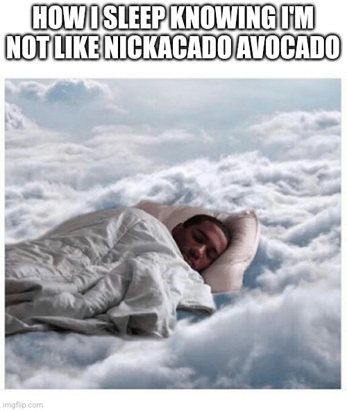 How I sleep knowing | HOW I SLEEP KNOWING I'M NOT LIKE NICKACADO AVOCADO | image tagged in how i sleep knowing | made w/ Imgflip meme maker