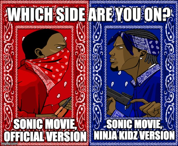 im 50-50 honestly | SONIC MOVIE, OFFICIAL VERSION; SONIC MOVIE, NINJA KIDZ VERSION | image tagged in which side are you on | made w/ Imgflip meme maker