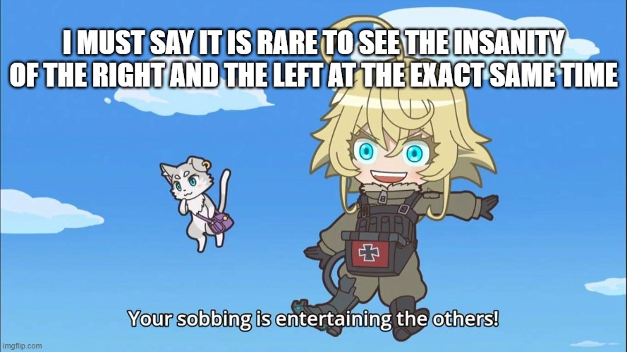 Isekai Quartet Tanya and Puck | I MUST SAY IT IS RARE TO SEE THE INSANITY OF THE RIGHT AND THE LEFT AT THE EXACT SAME TIME | image tagged in isekai quartet tanya and puck,conspiracy theories,democrats,republicans,woke,maga | made w/ Imgflip meme maker