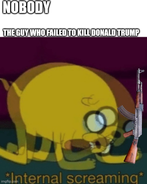 Epic fail | NOBODY; THE GUY WHO FAILED TO KILL DONALD TRUMP | image tagged in jake the dog internal screaming,donald trump,jake the dog,adventure time,memes,funny memes | made w/ Imgflip meme maker