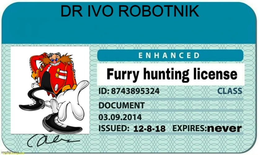 furry hunting license | DR IVO ROBOTNIK | image tagged in furry hunting license | made w/ Imgflip meme maker