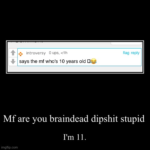 Mf are you braindead dipshit stupid | I'm 11. | image tagged in funny,demotivationals | made w/ Imgflip demotivational maker