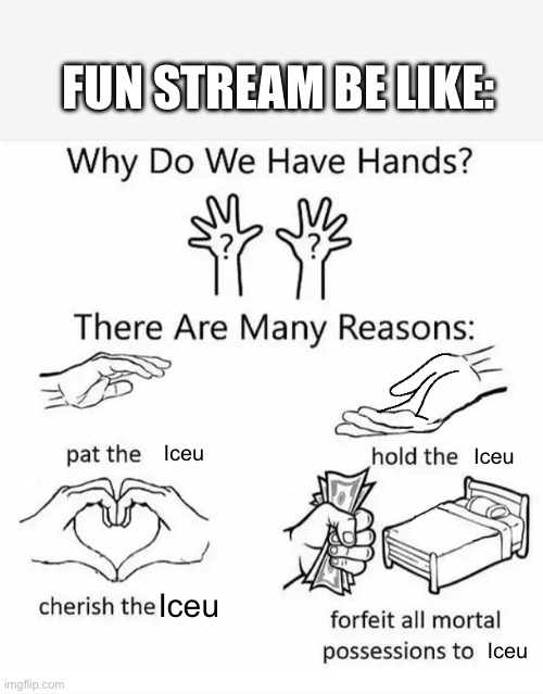 Iceu: *posts* Everyone: Upvotes, people, Upvotes. | FUN STREAM BE LIKE:; Iceu; Iceu; Iceu; Iceu | image tagged in why do we have hands all blank | made w/ Imgflip meme maker