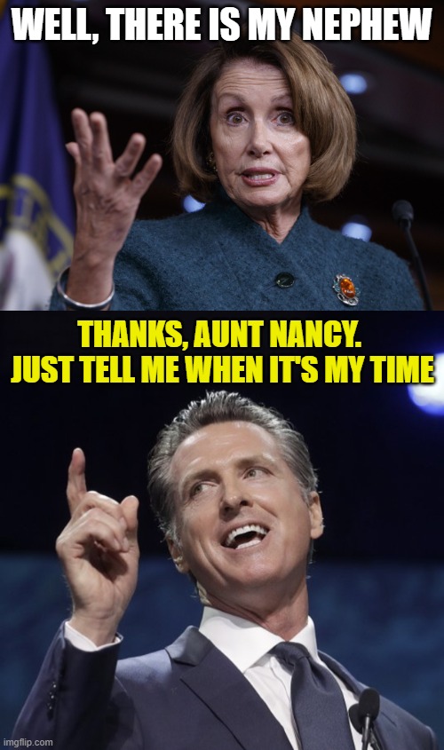 WELL, THERE IS MY NEPHEW THANKS, AUNT NANCY.  JUST TELL ME WHEN IT'S MY TIME | image tagged in good old nancy pelosi,gavin newsom | made w/ Imgflip meme maker