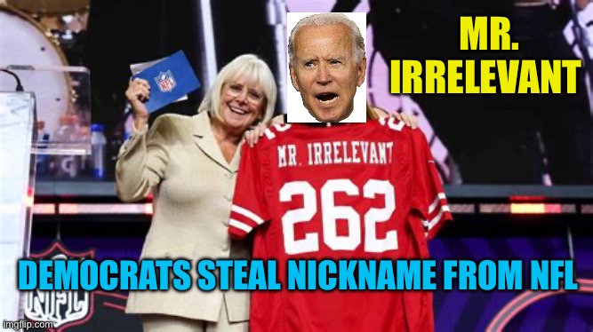 Democrat President Irrelevant | MR. IRRELEVANT; DEMOCRATS STEAL NICKNAME FROM NFL | image tagged in gifs,democrats,biden,presidential debate,nobody | made w/ Imgflip meme maker