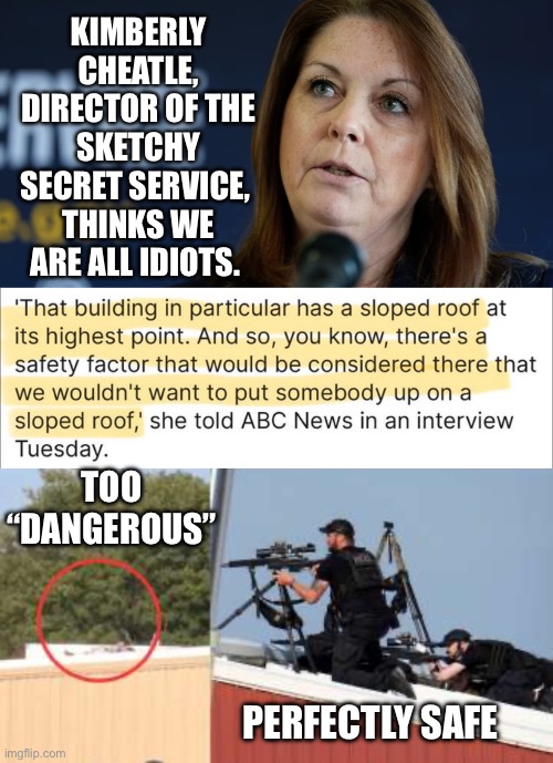 This was an inside job gone wrong | KIMBERLY CHEATLE, DIRECTOR OF THE SKETCHY SECRET SERVICE, 
THINKS WE ARE ALL IDIOTS. TOO “DANGEROUS”; PERFECTLY SAFE | image tagged in kimberly cheatle,government corruption,anti trump,assassination attempt | made w/ Imgflip meme maker