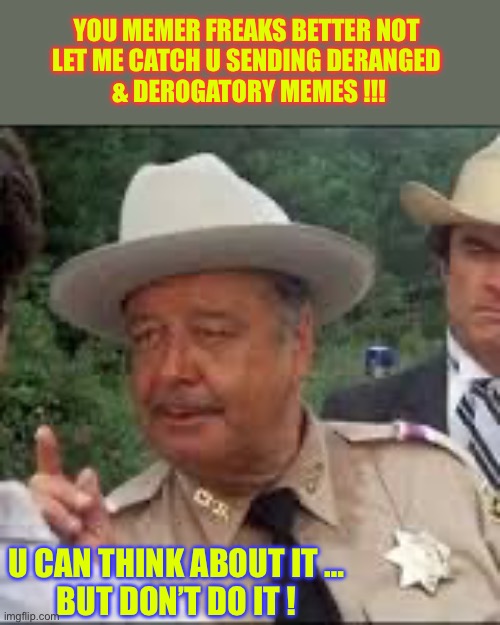 IT’S A MISDEMEANOR … But Get Ready For Consequences !!!  : ) | YOU MEMER FREAKS BETTER NOT 
LET ME CATCH U SENDING DERANGED 
& DEROGATORY MEMES !!! U CAN THINK ABOUT IT …
BUT DON’T DO IT ! | image tagged in buford t justice | made w/ Imgflip meme maker