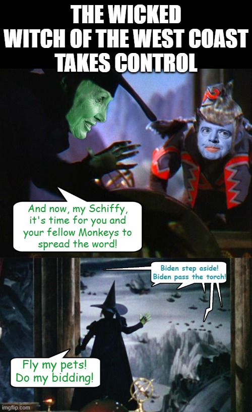 Pelosi unleashes a Schiff-load on Biden... | THE WICKED WITCH OF THE WEST COAST
TAKES CONTROL; And now, my Schiffy,
it's time for you and
your fellow Monkeys to
spread the word! Biden step aside!
Biden pass the torch! Fly my pets!
Do my bidding! | image tagged in nancy pelosi,adam schiff,joe biden | made w/ Imgflip meme maker