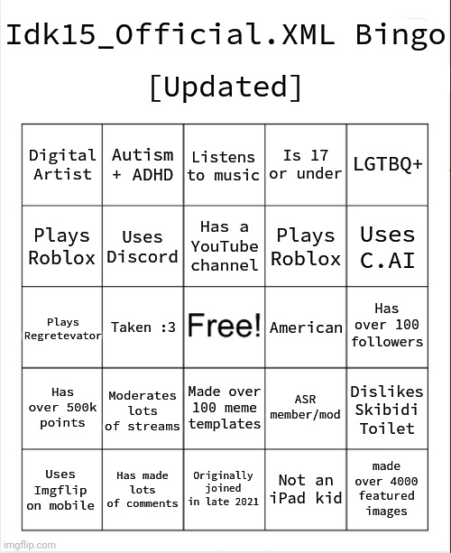 Idk15_Official.XML Bingo Updated Blank Meme Template