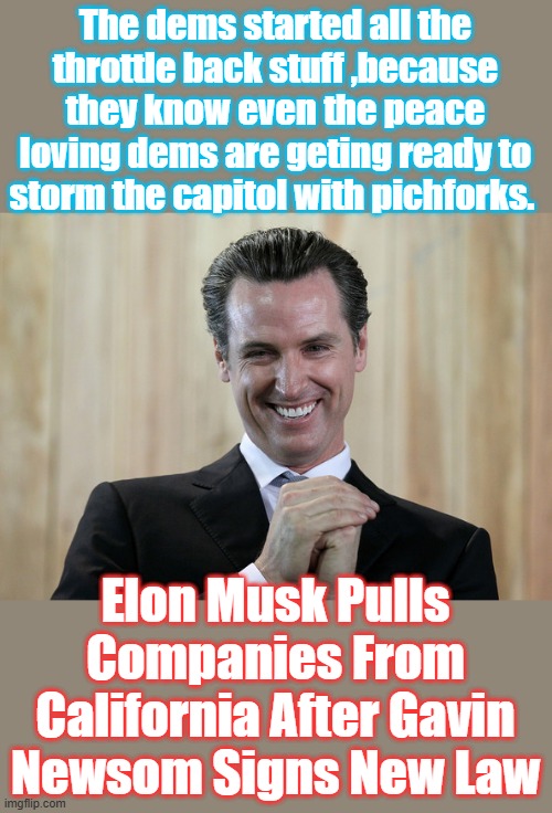 Another DEM destroyer, he creates problems & destroys lives. Very typical dem. | The dems started all the throttle back stuff ,because they know even the peace loving dems are geting ready to storm the capitol with pichforks. Elon Musk Pulls Companies From California After Gavin Newsom Signs New Law | image tagged in scheming gavin newsom | made w/ Imgflip meme maker