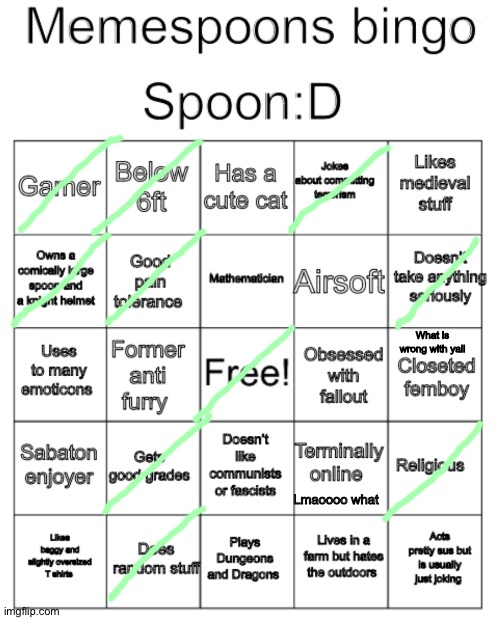 Memespoon bingo | What is wrong with yall; Lmaoooo what | image tagged in memespoon bingo | made w/ Imgflip meme maker
