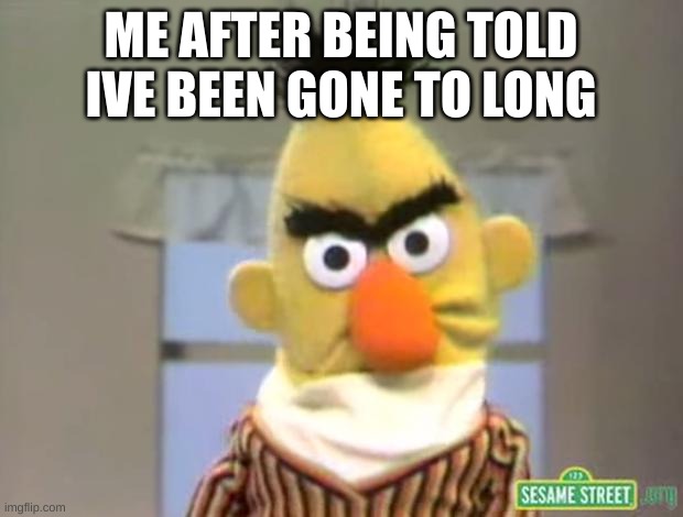 IM BACK MOTHERF***ERS | ME AFTER BEING TOLD IVE BEEN GONE TO LONG | image tagged in sesame street - angry bert | made w/ Imgflip meme maker