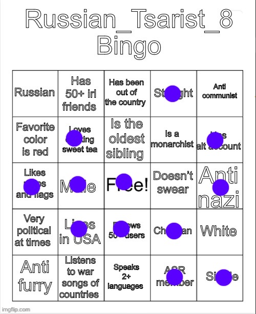 Russian_Tsarist_8 Bingo | image tagged in russian_tsarist_8 bingo | made w/ Imgflip meme maker