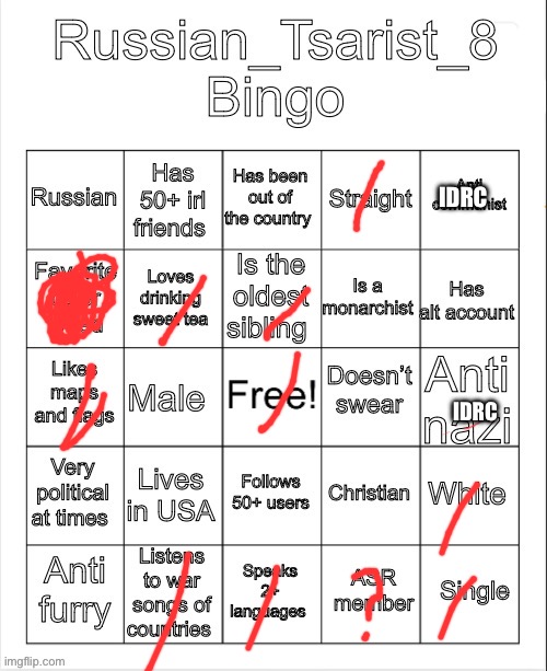 Russian_Tsarist_8 Bingo | IDRC; IDRC | image tagged in russian_tsarist_8 bingo | made w/ Imgflip meme maker