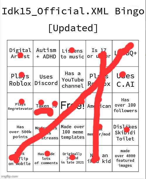 Two bingos!!!!!!!!!!! | image tagged in idk15_official xml bingo updated | made w/ Imgflip meme maker