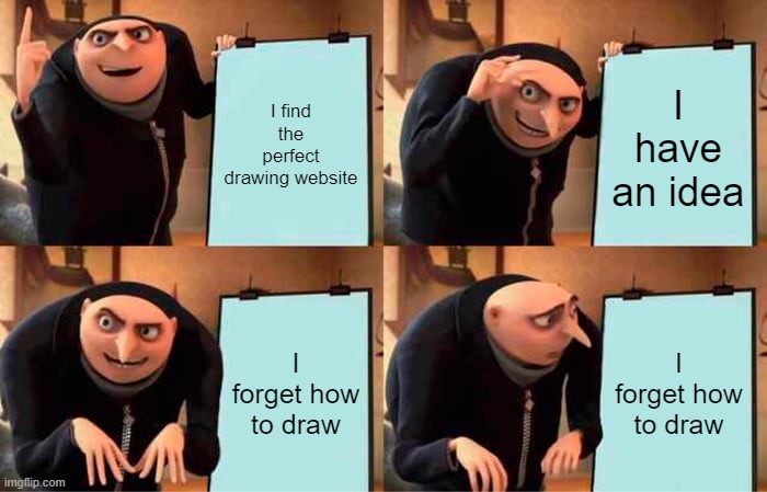 Gru's Plan | I find the perfect drawing website; I have an idea; I forget how to draw; I forget how to draw | image tagged in memes,gru's plan | made w/ Imgflip meme maker