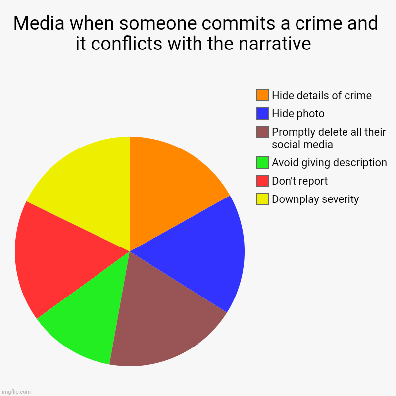 Take a drink when one of these applies...then stop before alcohol poisoning | Media when someone commits a crime and it conflicts with the narrative  | Downplay severity, Don't report , Avoid giving description , Promp | image tagged in charts,pie charts | made w/ Imgflip chart maker