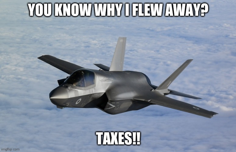 F-35 taxes | YOU KNOW WHY I FLEW AWAY? TAXES!! | image tagged in f35 | made w/ Imgflip meme maker