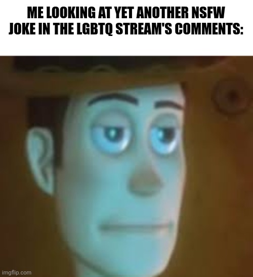 :( *disappointed sister/mother/aunt/grandmother of the LGBTQ stream noises* | ME LOOKING AT YET ANOTHER NSFW JOKE IN THE LGBTQ STREAM'S COMMENTS: | image tagged in disappointed woody | made w/ Imgflip meme maker