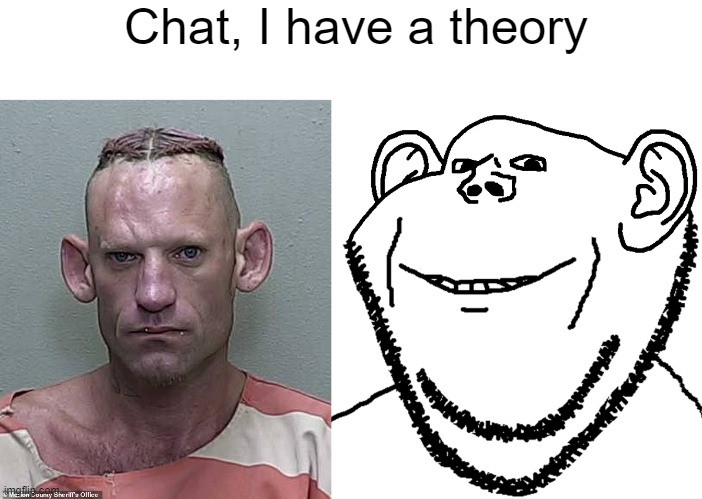 Chat, I have a theory | image tagged in mugshot - funny freaky strange meth | made w/ Imgflip meme maker